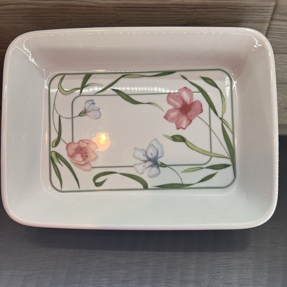 Vtg Casserole Dish Floral Flower Jacqueline 9.5"x12.5" Pink Blue Flowers